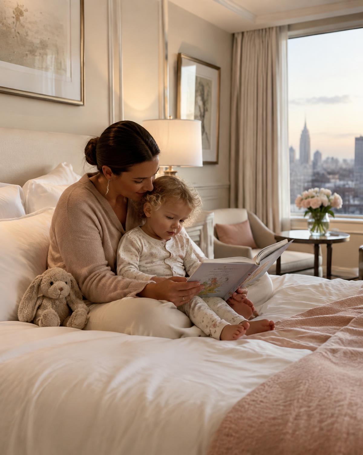 A parent helping a child prepare in a hotel room