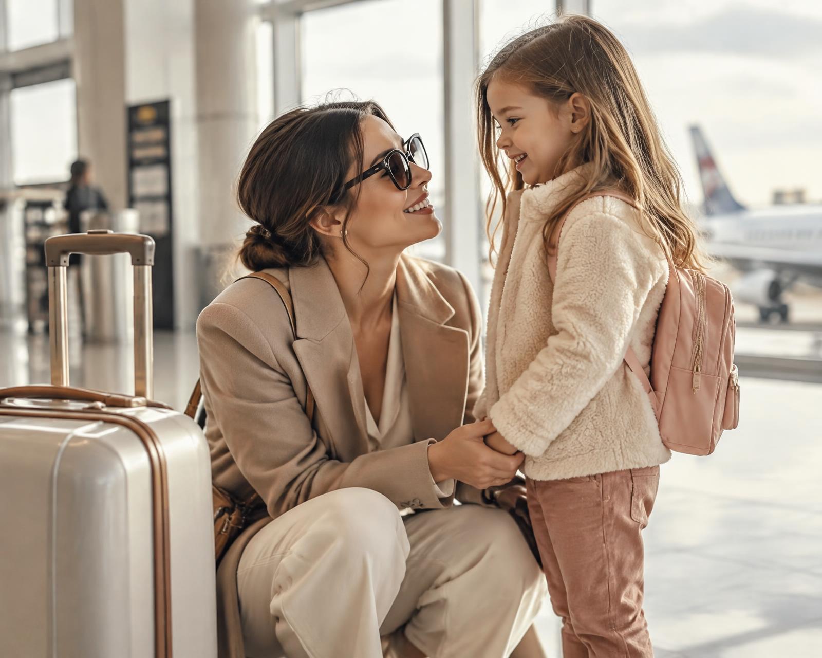 A caregiver and a young girl waiting together in an airport terminal